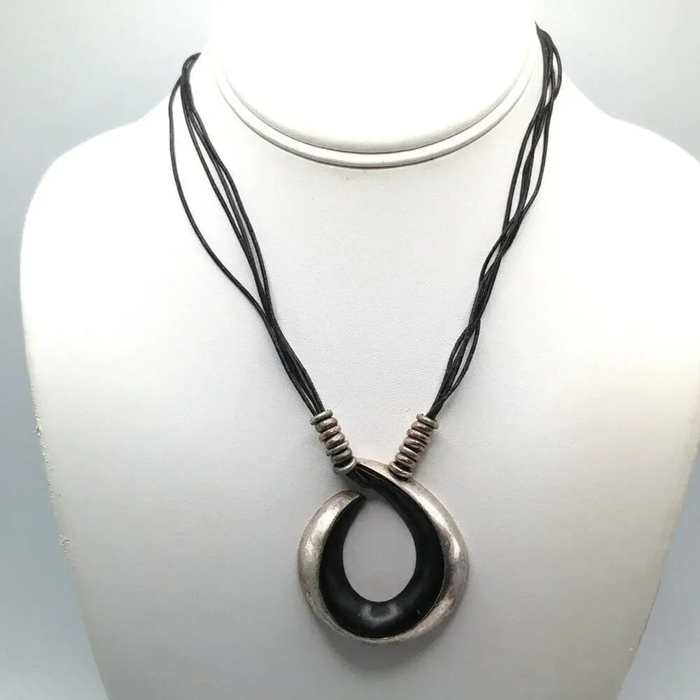 Chico's Black Enamel Pendant Necklace, Four Faux Leather Cords, Silver Tone Bead